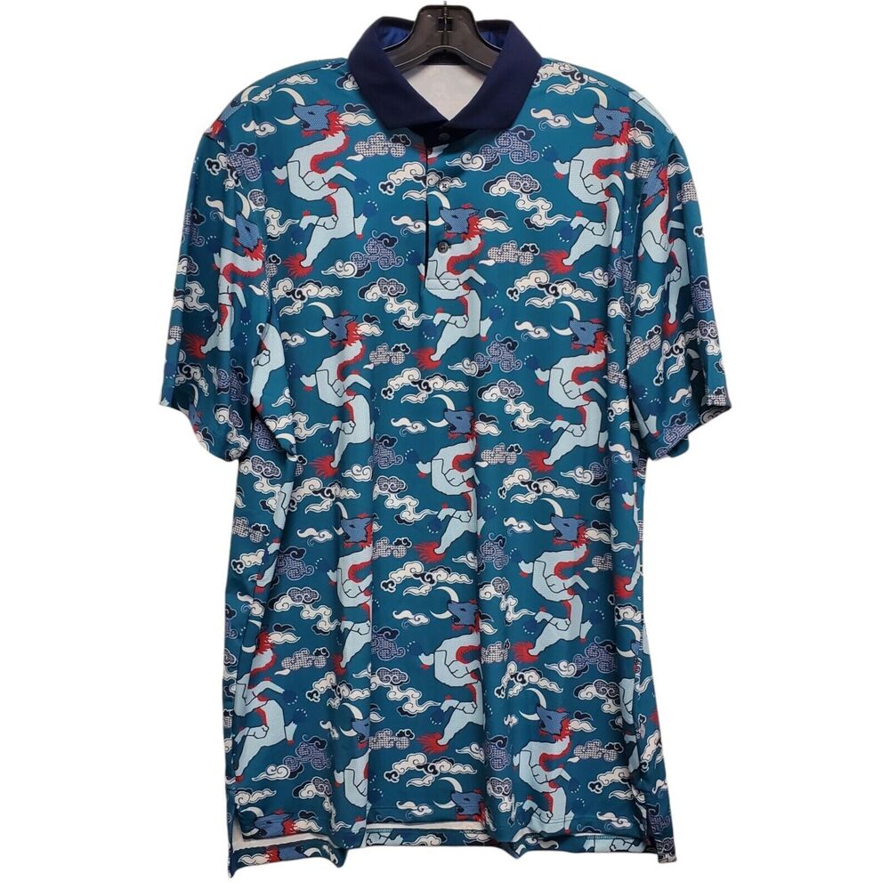 GREYSON Polo Shirt Mens Large Blue WOLF SLAYER JUNGLE All Over Print Golf Preppy